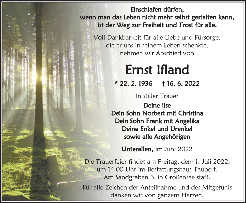  Traueranzeige für Ernst lfland vom 25.06.2022 aus Thüringer Allgemeine, Thüringische Landeszeitung