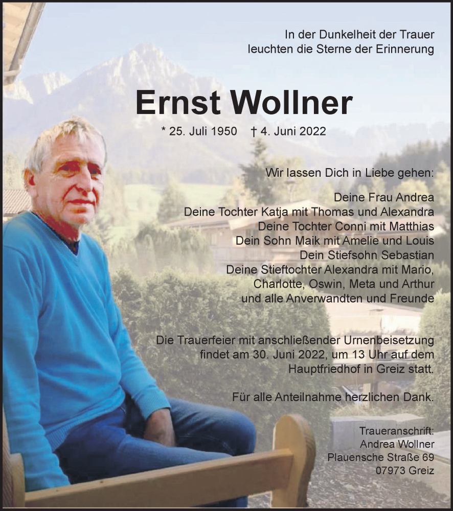  Traueranzeige für Ernst Wollner vom 11.06.2022 aus Ostthüringer Zeitung