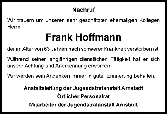 Traueranzeige von Frank Hoffmann von Ostthüringer Zeitung