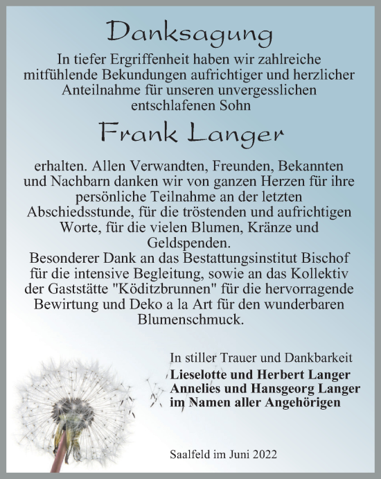 Traueranzeige von Frank Langer von Ostthüringer Zeitung