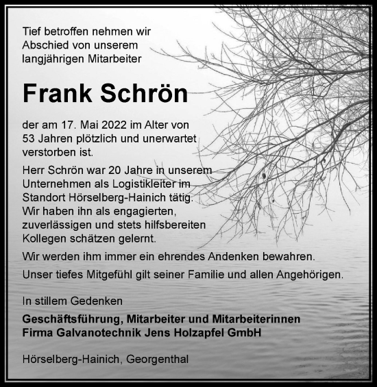 Traueranzeige von Frank Schrön von Thüringer Allgemeine, Thüringische Landeszeitung