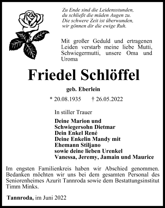 Traueranzeige von Friedel Schlöffel von Thüringer Allgemeine, Thüringische Landeszeitung