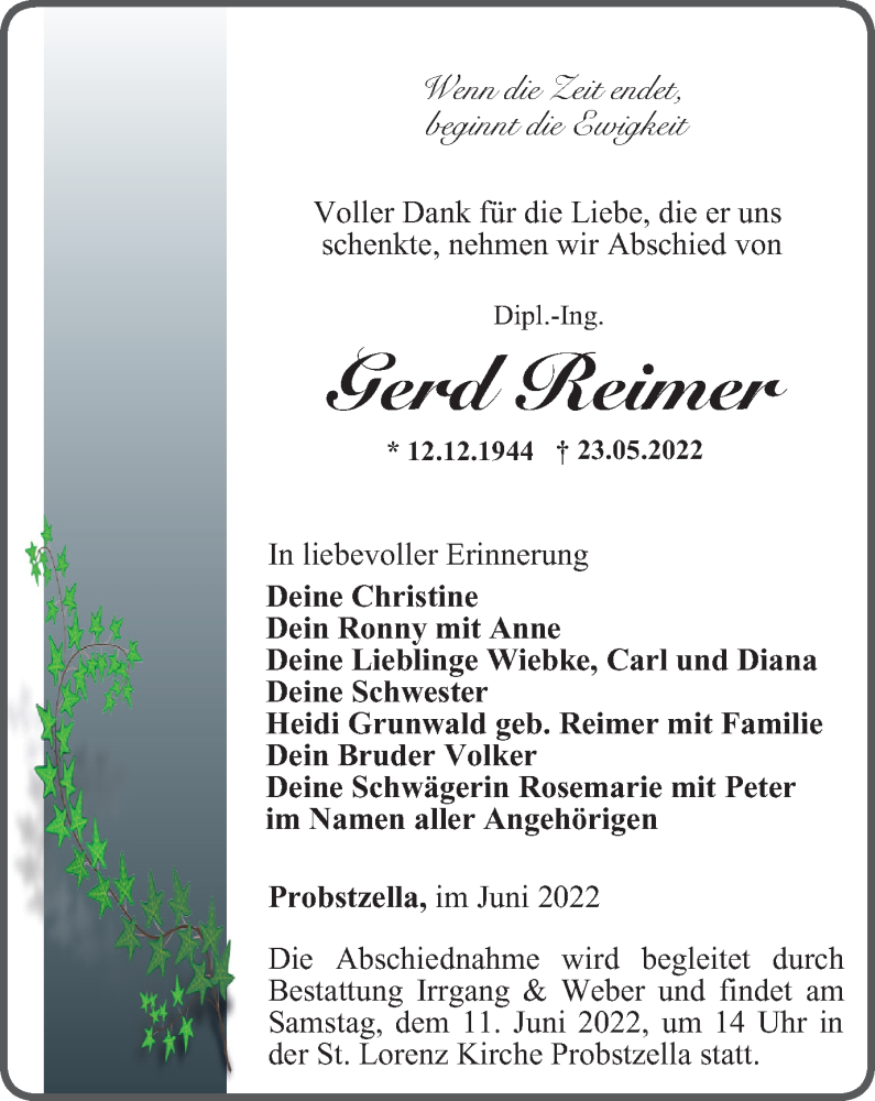  Traueranzeige für Gerd Reimer vom 04.06.2022 aus Ostthüringer Zeitung