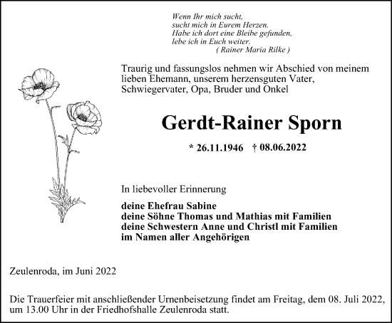 Traueranzeige von Gerdt-Rainer Sporn von Ostthüringer Zeitung