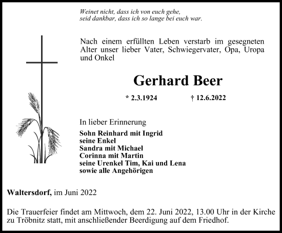 Traueranzeige von Gerhard Beer von Ostthüringer Zeitung