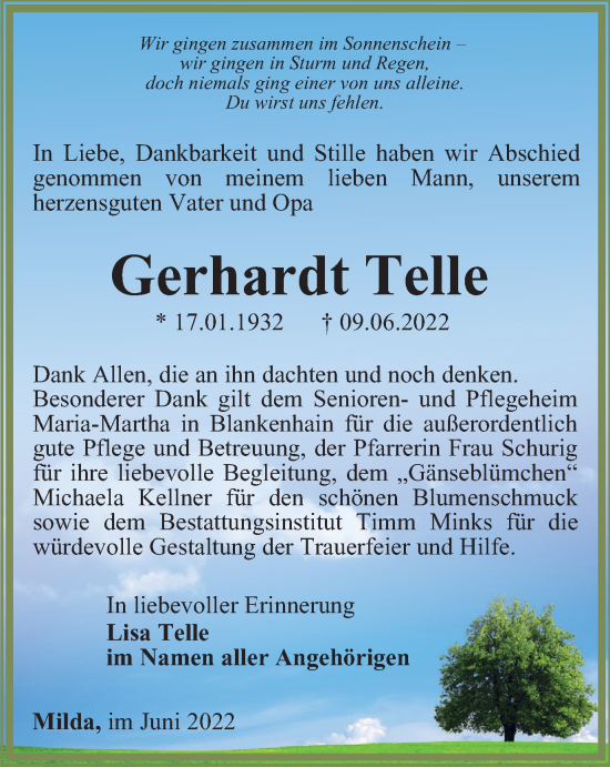 Traueranzeige von Gerhardt Telle von Ostthüringer Zeitung, Thüringische Landeszeitung