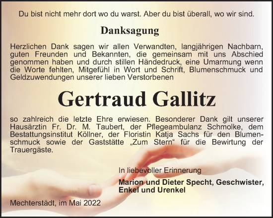 Traueranzeige von Gertraud Gallitz von Thüringer Allgemeine, Thüringische Landeszeitung