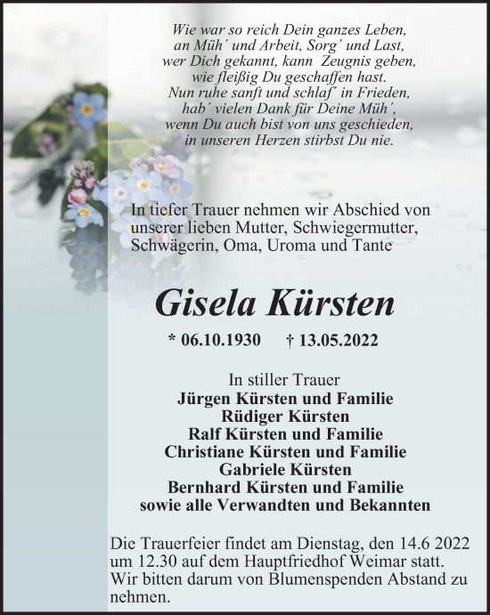Traueranzeige von Gisela Kürsten von Thüringer Allgemeine, Thüringische Landeszeitung