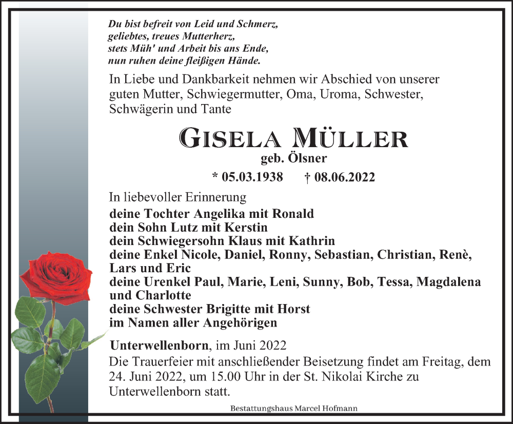  Traueranzeige für Gisela Müller vom 18.06.2022 aus Ostthüringer Zeitung