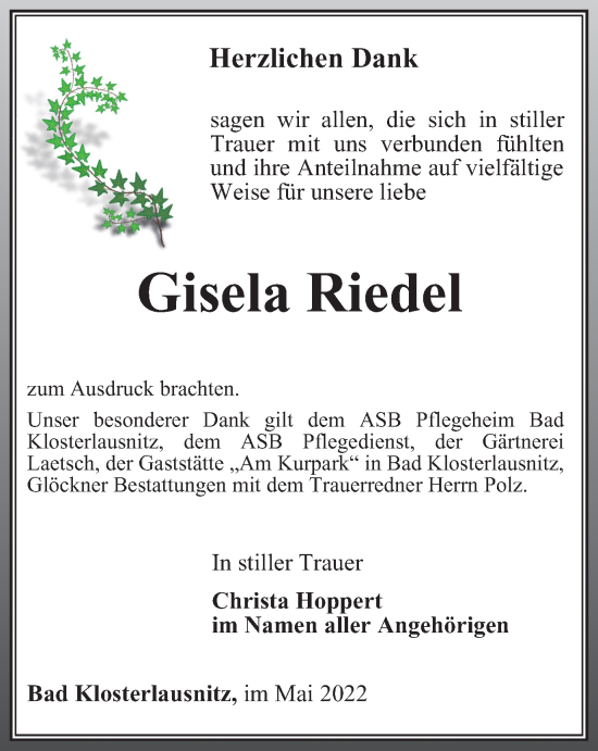 Traueranzeige von Gisela Riedel von Ostthüringer Zeitung