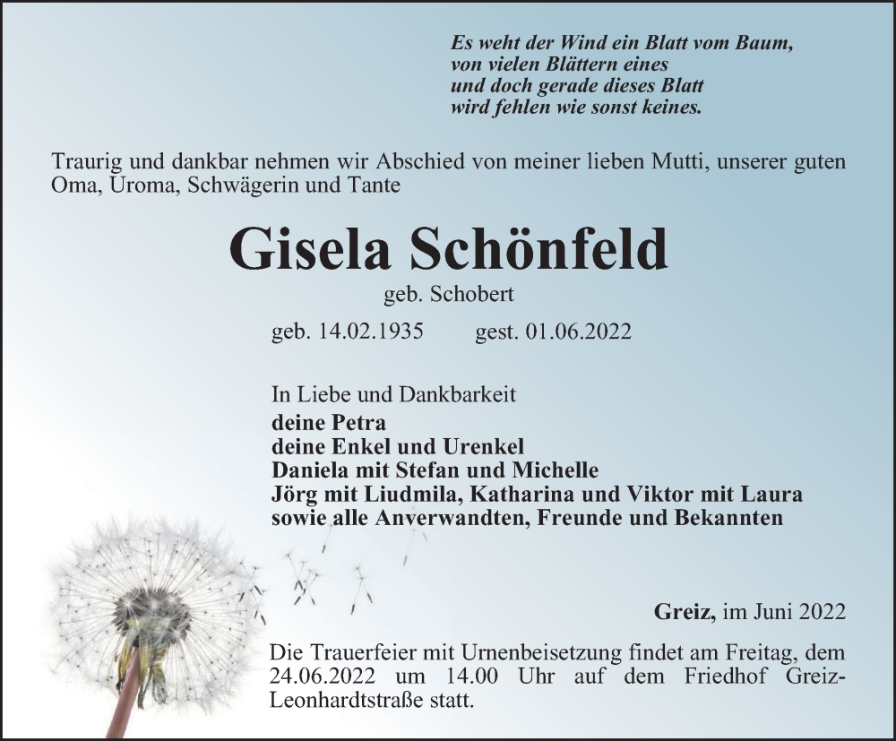  Traueranzeige für Gisela Schönfeld vom 04.06.2022 aus Ostthüringer Zeitung