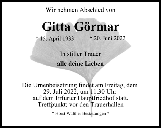 Traueranzeige von Gitta Görmar