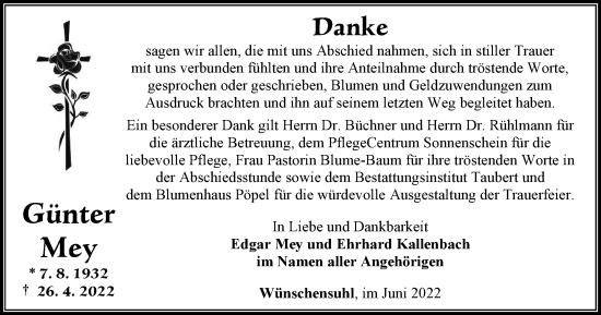 Traueranzeige von Günter Mey von Thüringer Allgemeine, Thüringische Landeszeitung