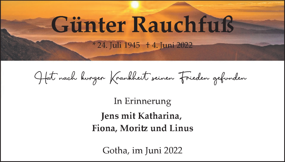  Traueranzeige für Günter Rauchfuß vom 25.06.2022 aus Thüringer Allgemeine, Thüringische Landeszeitung