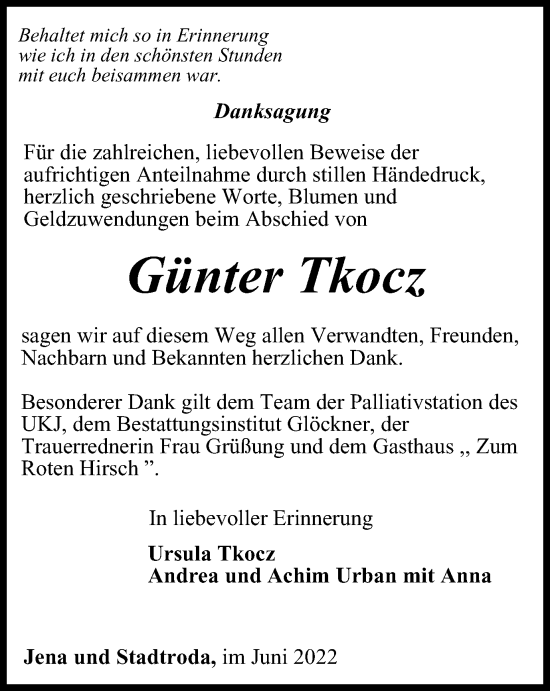 Traueranzeige von Günter Tkocz von Ostthüringer Zeitung