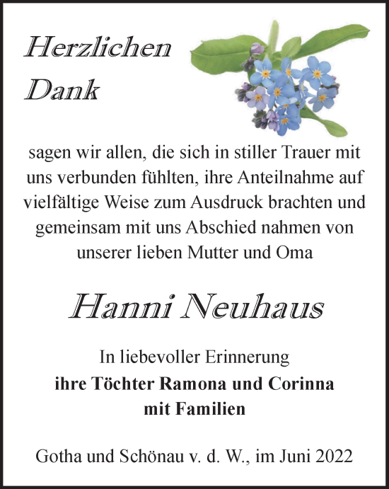 Traueranzeige von Hanni Neuhaus von Thüringer Allgemeine, Thüringische Landeszeitung