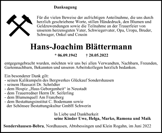 Traueranzeige von Hans-Joachim Blättermann