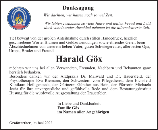 Traueranzeige von Harald Göx von Thüringer Allgemeine