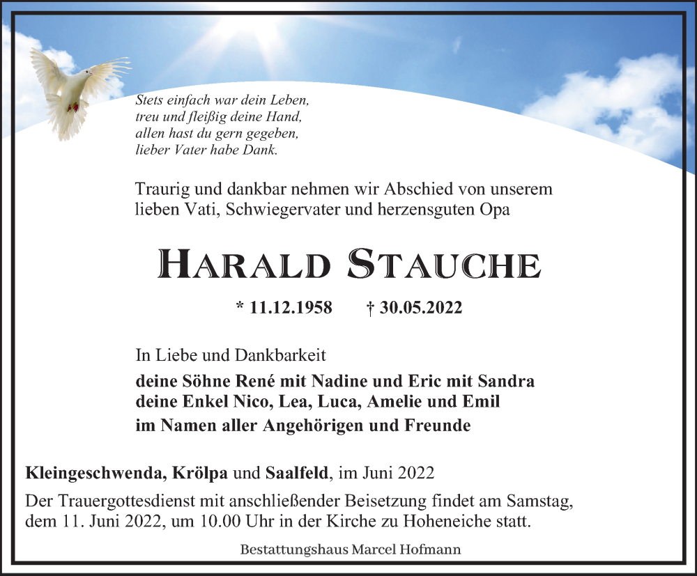  Traueranzeige für Harald Stauche vom 04.06.2022 aus Ostthüringer Zeitung