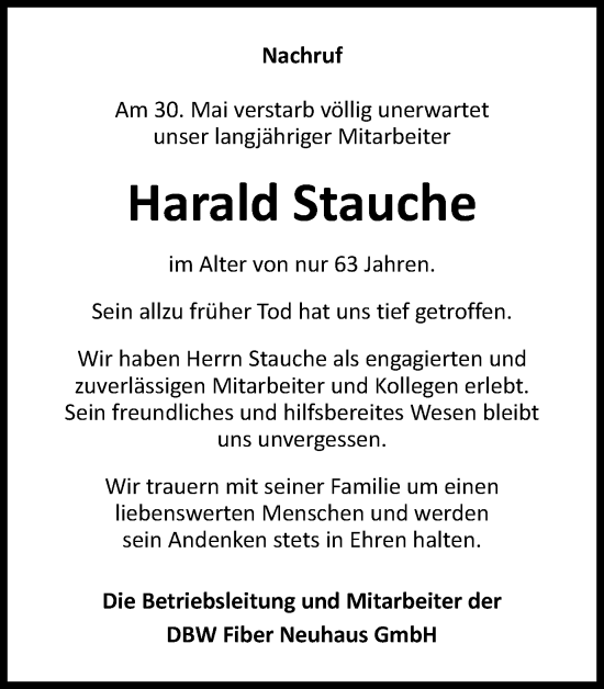 Traueranzeige von Harald Stauche von Ostthüringer Zeitung