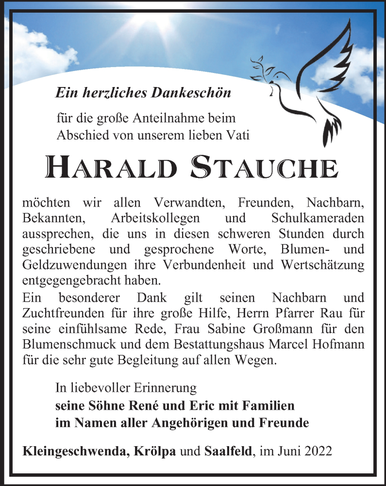  Traueranzeige für Harald Stauche vom 18.06.2022 aus Ostthüringer Zeitung