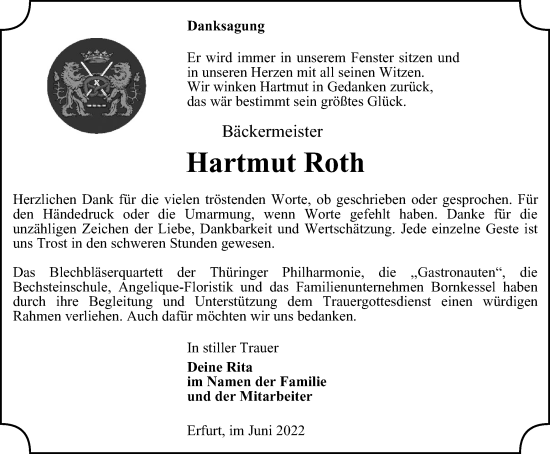 Traueranzeige von Hartmut Roth von Thüringer Allgemeine, Thüringische Landeszeitung