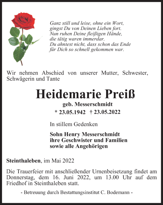 Traueranzeige von Heidemarie Preiß