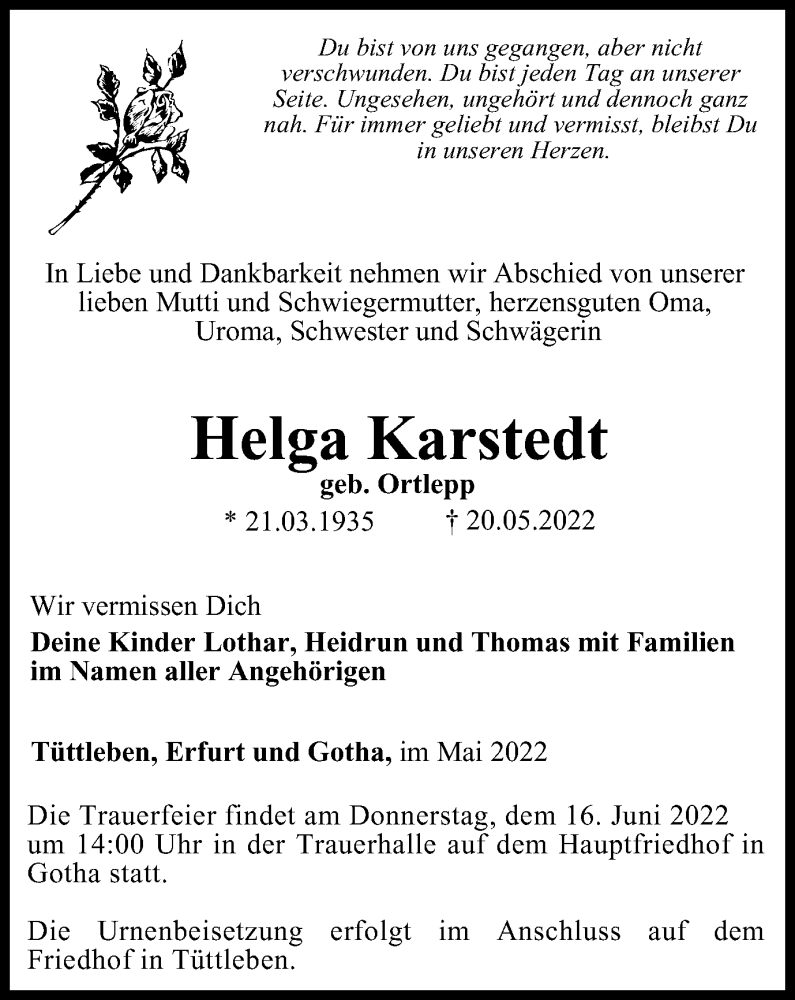  Traueranzeige für Helga Karstedt vom 11.06.2022 aus Thüringer Allgemeine, Thüringische Landeszeitung