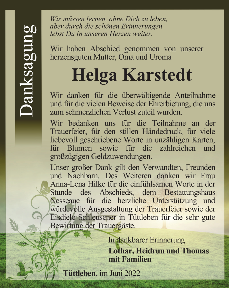  Traueranzeige für Helga Karstedt vom 25.06.2022 aus Thüringer Allgemeine, Thüringische Landeszeitung