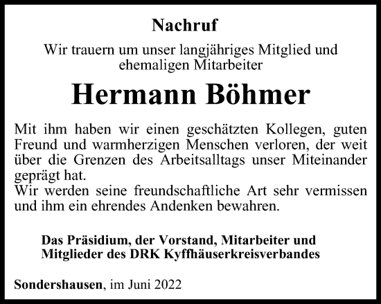 Traueranzeige von Hermann Böhmer