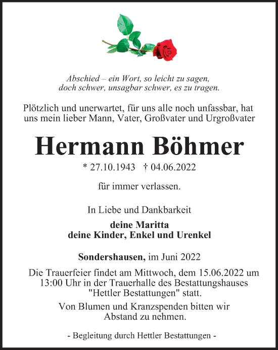 Traueranzeige von Hermann Böhmer