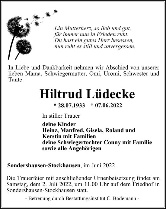 Traueranzeige von Hiltrud Lüdecke