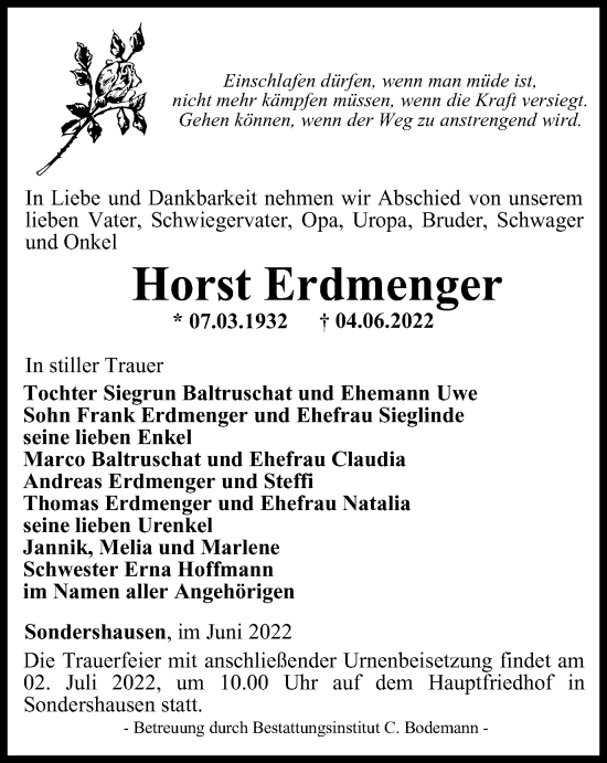 Traueranzeige von Horst Erdmenger