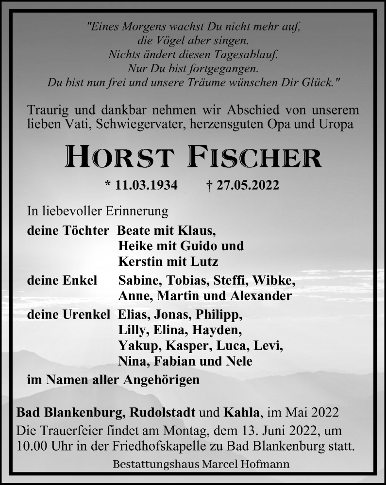  Traueranzeige für Horst Fischer vom 04.06.2022 aus Ostthüringer Zeitung