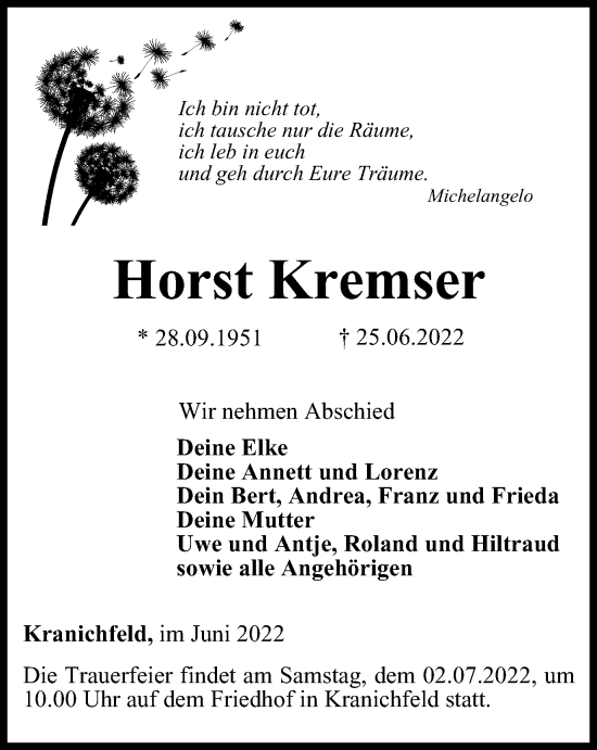 Traueranzeige von Horst Kremser von Thüringer Allgemeine, Thüringische Landeszeitung