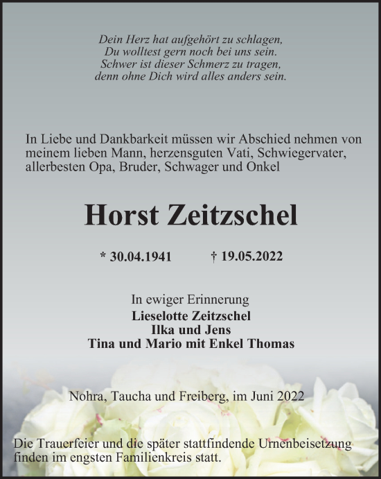Traueranzeige von Horst Zeitzschel von Thüringer Allgemeine, Thüringische Landeszeitung