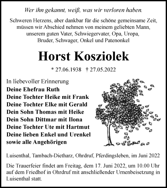 Traueranzeige von Horst Kosziolek Kosziolek von Thüringer Allgemeine, Thüringische Landeszeitung