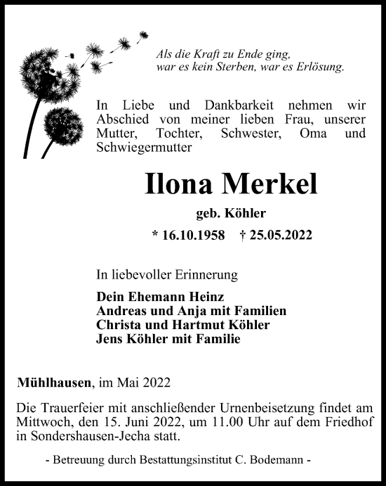 Traueranzeige von Ilona Merkel