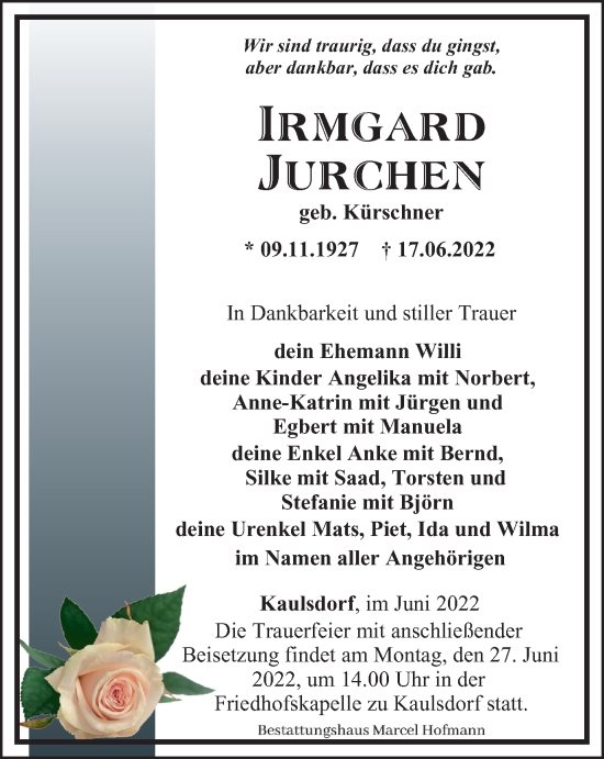 Traueranzeige von Irmgard Jurchen von Ostthüringer Zeitung