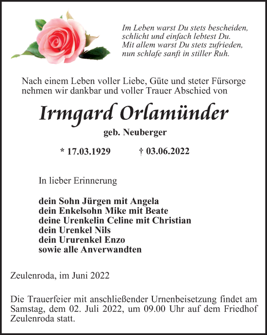 Traueranzeige von Irmgard Orlamünder von Ostthüringer Zeitung