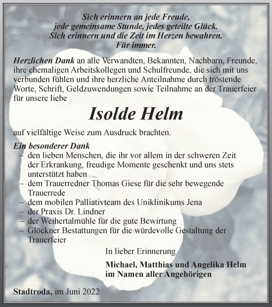 Traueranzeige von Isolde Helm von Ostthüringer Zeitung