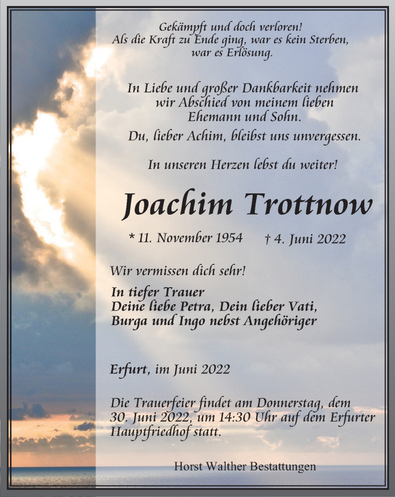  Traueranzeige für Joachim Trottnow vom 18.06.2022 aus Thüringer Allgemeine, Thüringische Landeszeitung