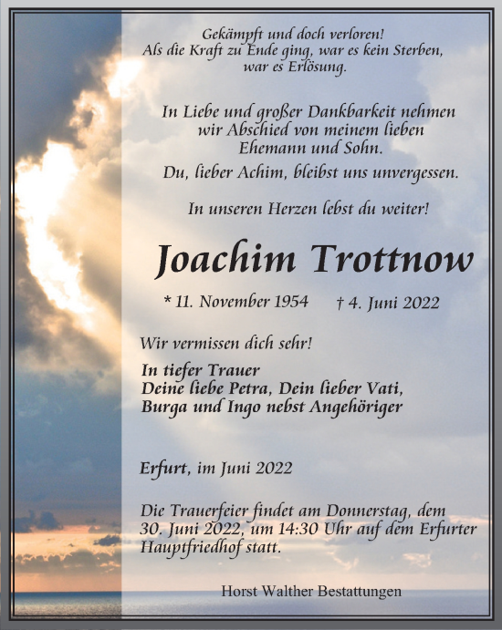 Traueranzeige von Joachim Trottnow