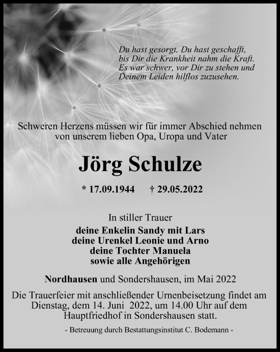 Traueranzeige von Jörg Schulze