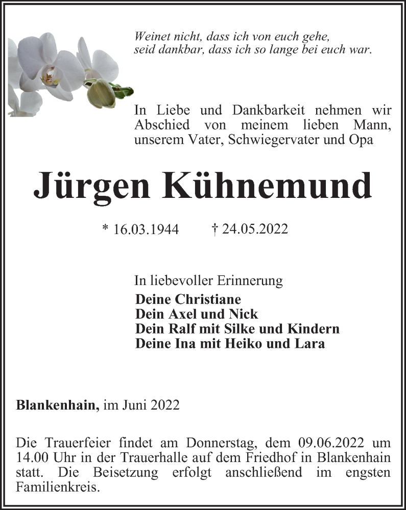  Traueranzeige für Jürgen Kühnemund vom 04.06.2022 aus Thüringer Allgemeine, Thüringische Landeszeitung