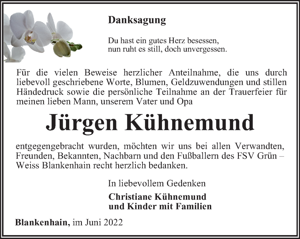  Traueranzeige für Jürgen Kühnemund vom 18.06.2022 aus Thüringer Allgemeine, Thüringische Landeszeitung