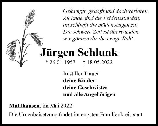 Traueranzeige von Jürgen Schlunk von Thüringer Allgemeine, Thüringische Landeszeitung