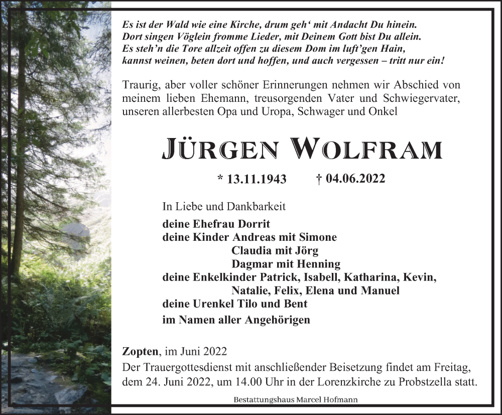  Traueranzeige für Jürgen Wolfram vom 11.06.2022 aus Ostthüringer Zeitung
