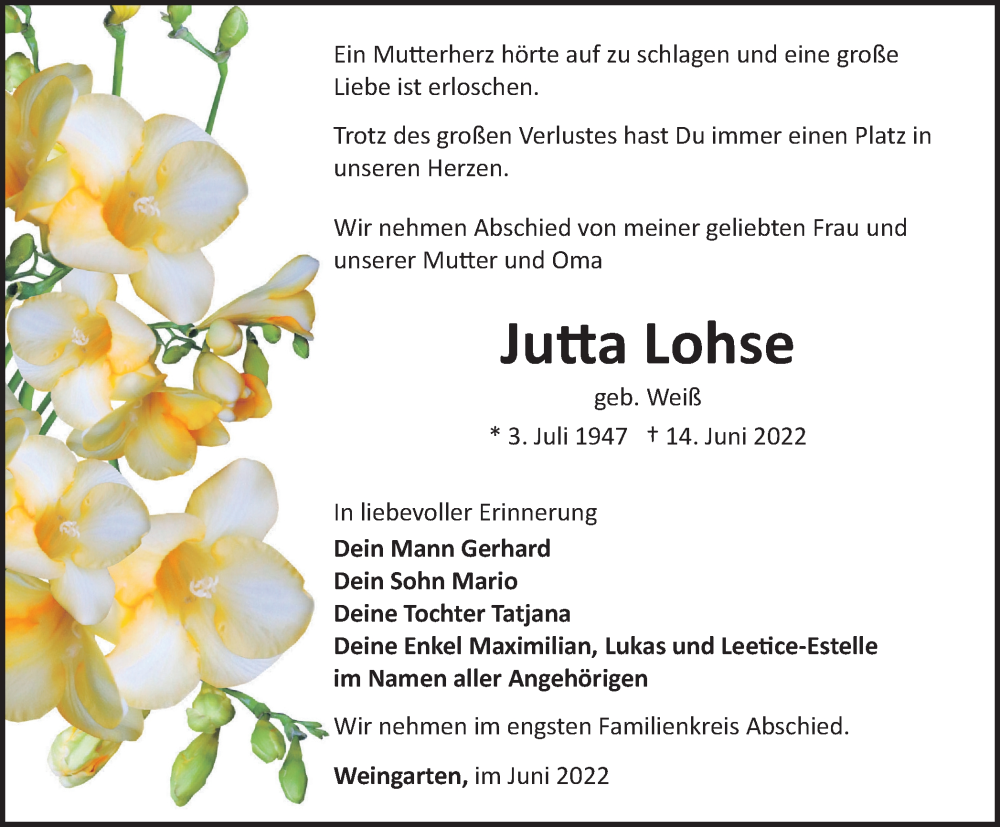  Traueranzeige für Jutta Lohse vom 18.06.2022 aus Thüringer Allgemeine, Thüringische Landeszeitung