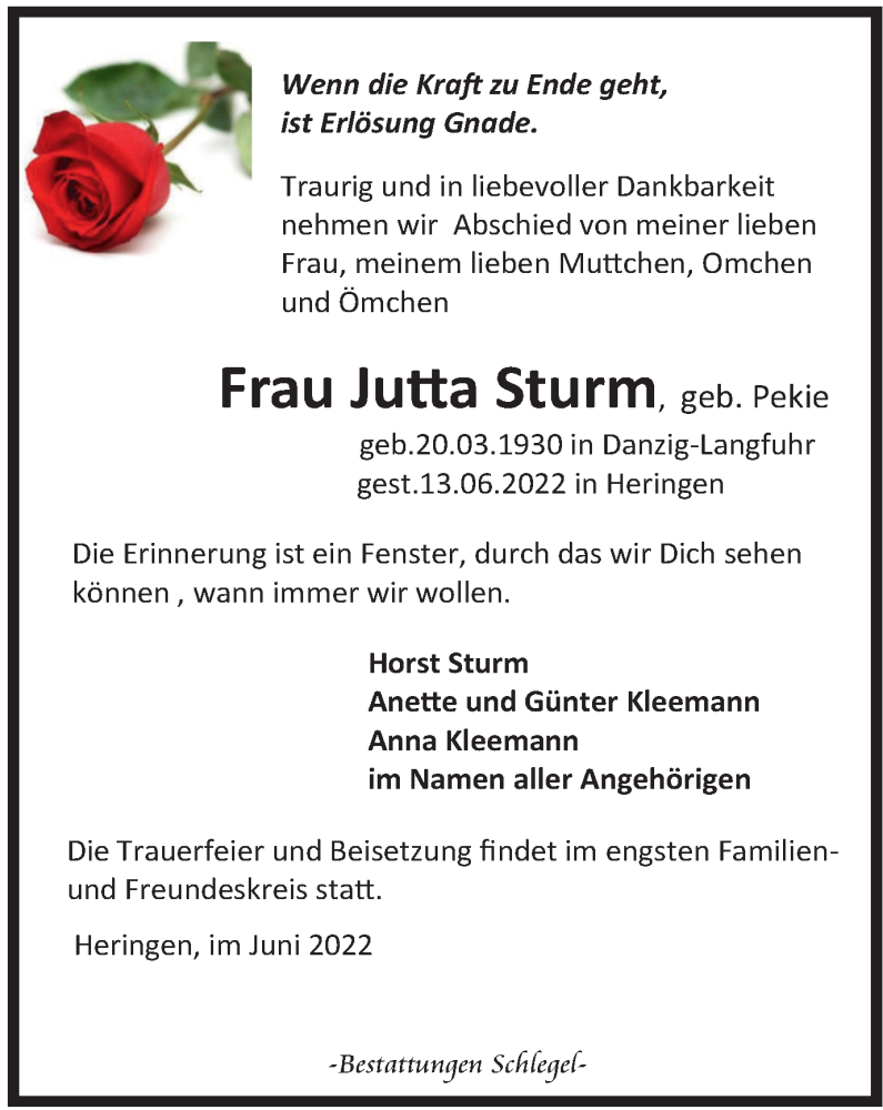  Traueranzeige für Jutta Sturm vom 18.06.2022 aus Thüringer Allgemeine